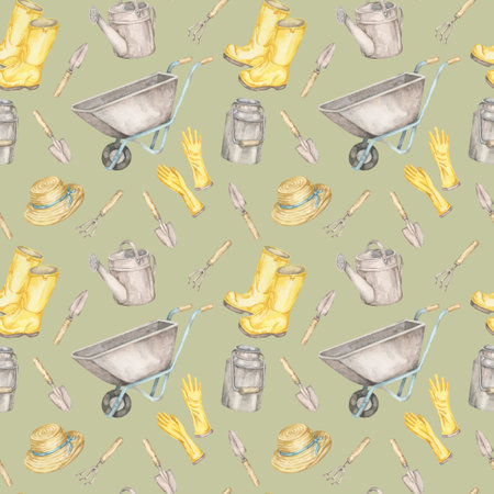 Hat, gloves, boots, watering cans, and tools illustrated in soft tones on olive background as seamless pattern watercolor clipart. Illustration Perfect for gardening fabric or eco wrapping paperの写真素材