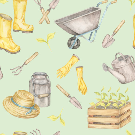 Yellow boots, metal watering cans, straw hats, seedlings, and gloves on mint background in seamless pattern watercolor clipart. Gardening illustration for spring decor, textiles, and nature gift wrapsの写真素材
