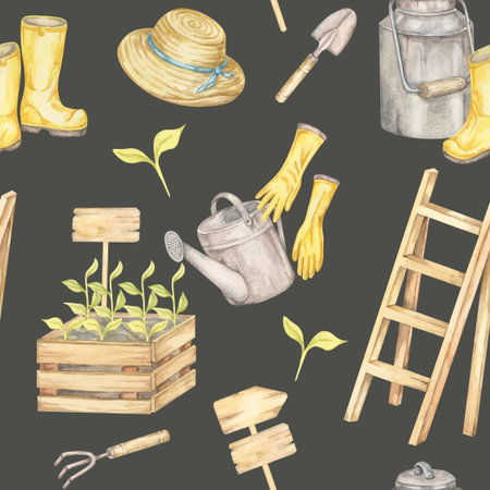 On charcoal grey, gloves, boots, hats, ladders, seedlings, and watering cans repeat in a seamless pattern watercolor clipart. Perfect for gardening-themed paper goods and fabricsの写真素材