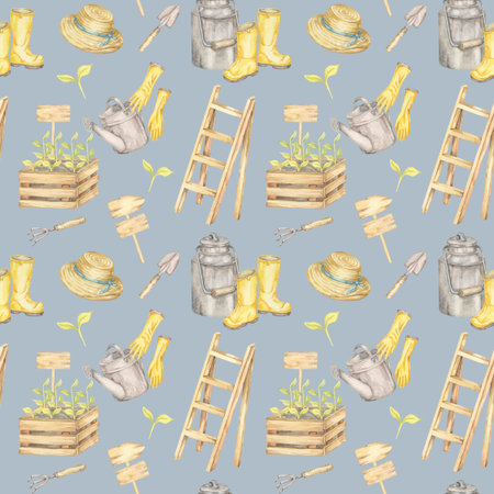 Ladders, gloves, watering cans, boots, plant crates, and hats on soft blue in seamless pattern watercolor clipart. Perfect for fabric, wall art, packaging, and eco-themed textile designの写真素材