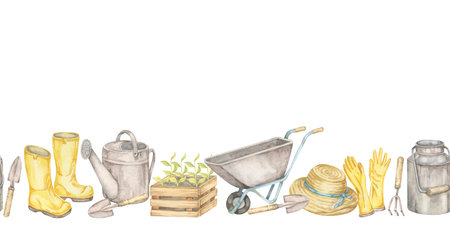 Yellow boots, watering cans, crates, gloves, straw hats, and wheelbarrows in seamless border watercolor clipart. Ideal for product packaging, greeting cards, and eco-friendly brandingの写真素材