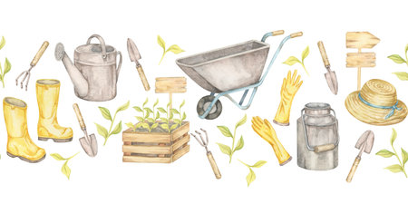 Sprouting crates, gardening gloves, boots, watering cans, hats, and tools arranged in seamless border watercolor clipart. Excellent for borders in printables, banners, packaging, and brandingの写真素材
