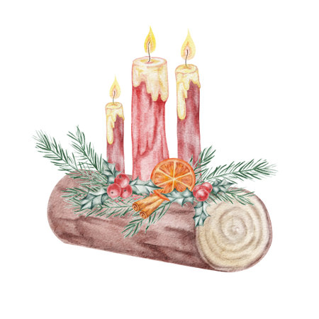 Yule log in soft brown tones, hand drawn watercolor clipart suitable for Christmas baking designs, advent illustrations, winter recipe cards, or traditional holiday decor projectsの写真素材