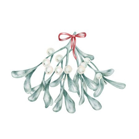 Elegant mistletoe twig in watercolor, hand drawn clipart perfect for holiday invitations, packaging design, festive wrapping paper, and botanical Christmas illustrationsの写真素材
