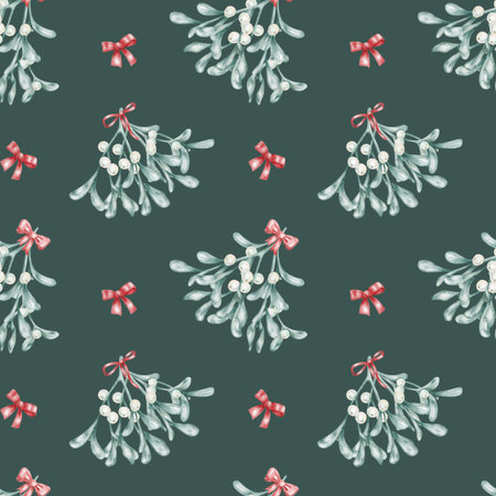 Dark green pattern with mistletoe, berries, and ribbons, hand drawn watercolor clipart. Perfect for Christmas fabric, wrapping paper, packaging, or winter-themed digital design.の写真素材