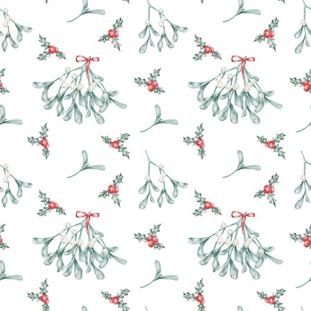 White seamless pattern featuring watercolor mistletoe and ribbons, hand drawn. Perfect for Christmas textiles, wallpapers, cards, gift wrap, or digital holiday paper sets.の写真素材