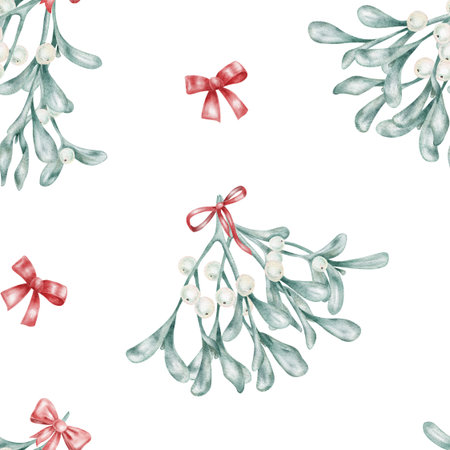 Minimal mistletoe and ribbon watercolor clipart, repeating hand drawn pattern. Designed for modern Christmas packaging, paper crafts, fabric, or festive digital printables.の写真素材