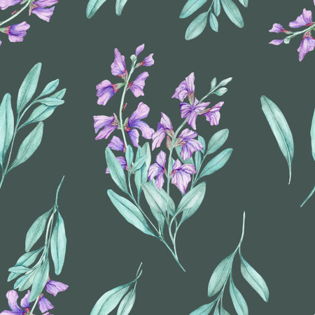 Watercolor illustration of violet sage flowers with teal green leaves, hand drawn floral element. Ideal for fabric designs, invitations, stationery, posters, packaging, and decorative wall art.の写真素材