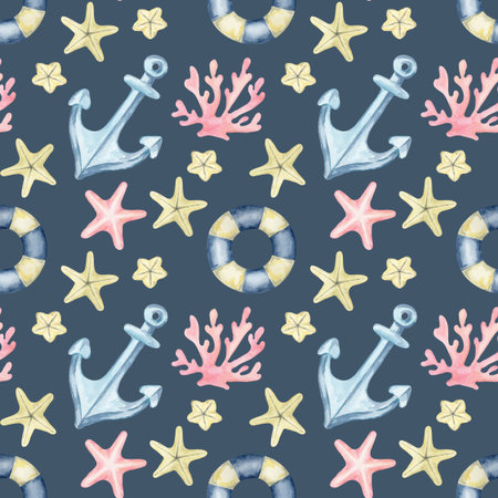 Anchors, yellow starfish, and coral elements on navy create this watercolor illustration and hand drawn seamless pattern suitable for apparel, bedding prints, product packaging, and marine design setsの写真素材