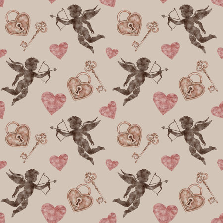 Repeating cupid figures, hearts and antique locks in muted rose colors as watercolor clipart, hand...