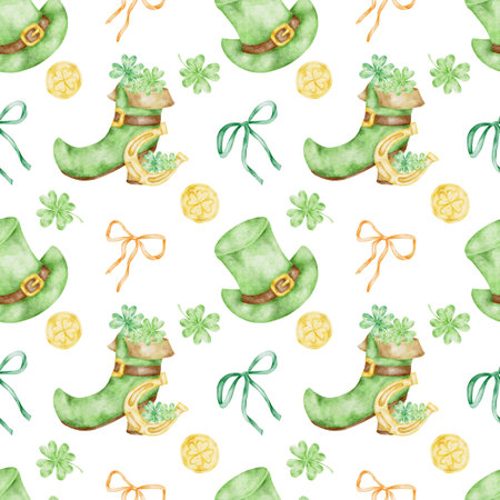 Green leprechaun hats, shamrocks, bows and gold coins illustrated in watercolor clipart seamless pattern, hand drawn for St Patricks Day designs for kids apparel, party supplies, textiles, stationeryの写真素材