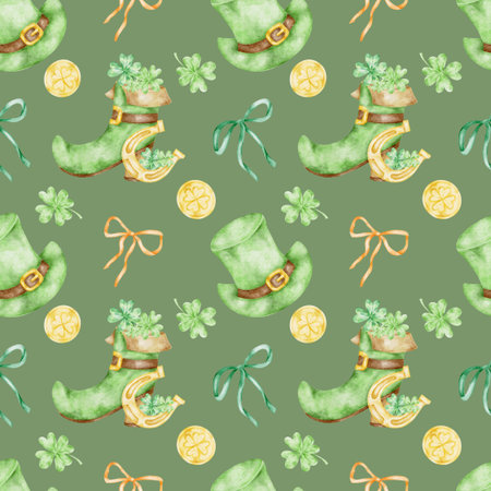 Leprechaun hats, green shamrocks and gold coins on muted green colors, watercolor illustration seamless pattern, hand drawn for St Patricks Day use in packaging design, gift wrap, fabric printingの写真素材