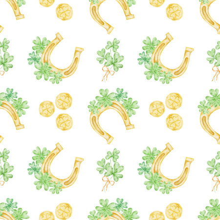 Golden horseshoes, green shamrocks and coin accents in repeating layout, watercolor illustration seamless pattern, hand drawn for St Patricks Day designs for textiles, packaging, invitations, partyの写真素材