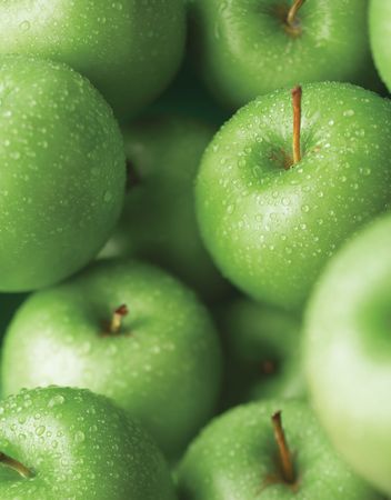 green apple with water drop, swallow depth of fieldの写真素材