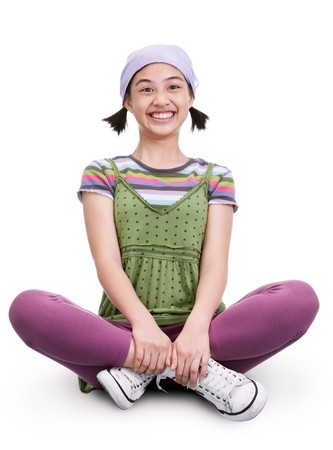 young girl smiling and excited, white backgroundの写真素材