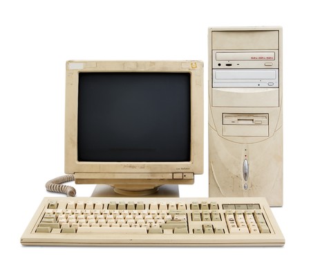 old and obsolete computer set isolated on whiteの写真素材
