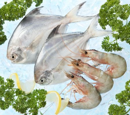 fresh seafood on ice decorated with vegetablesの写真素材