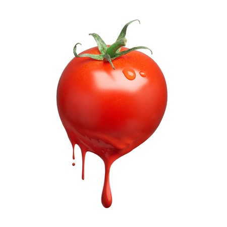 tomato with red paint drops, concept for artificial coloringの写真素材
