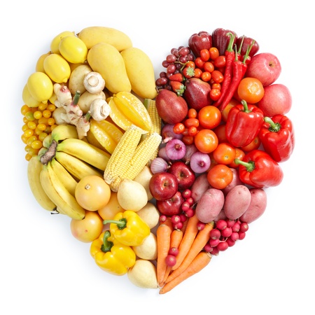 heart shape by various vegetables and fruitsの写真素材