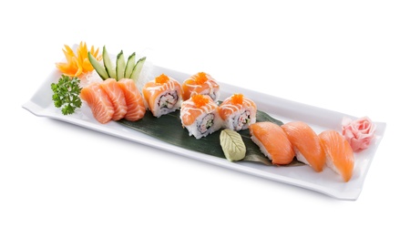 delicious salmon maki sushi isolated on white backgroundの写真素材