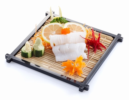 delicious ika sashimi isolated on white backgroundの写真素材