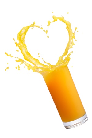 orange juice with heart shape splash isolated on whiteの写真素材