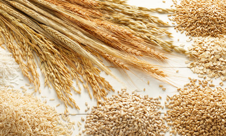 various type of cereals and grains against white wood background