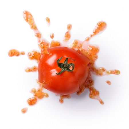 crushed or splattered tomato isolated on white backgroundの写真素材