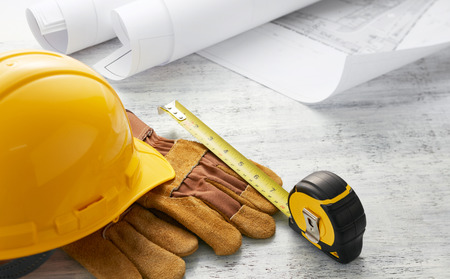 tools and floor plan with shallow depth-of-fieldの写真素材