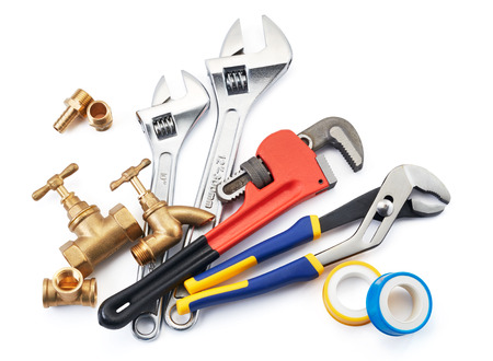 various type of plumbing tools on white backgroundの写真素材