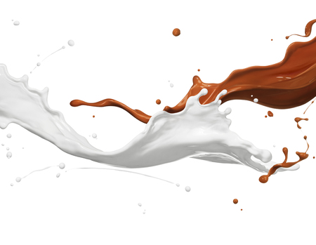 chocolate and milk splashing against white backgroundの写真素材