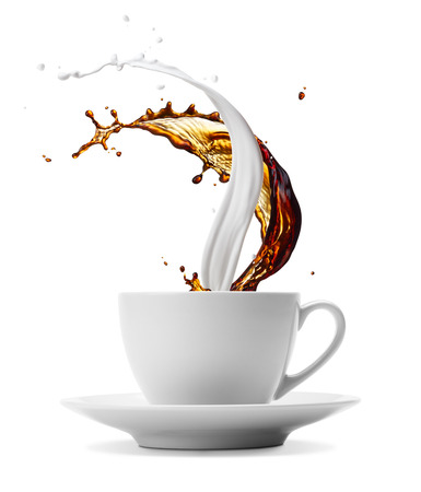 cup of coffee and milk splashes isolated on whiteの写真素材