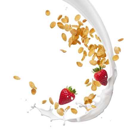milk splash with corn flakes and strawberriesの写真素材