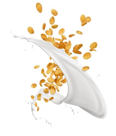 corn flakes with twisted milk splash isolated on whiteの写真素材