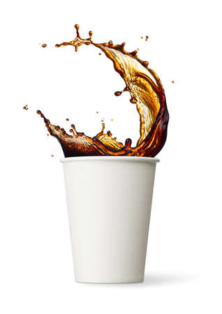 cup of coffee splashing against white backgroundの写真素材