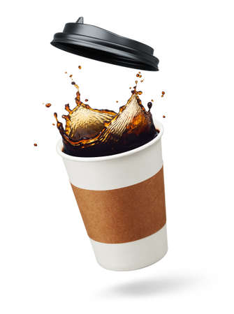 cup of coffee splashing with lid openの写真素材