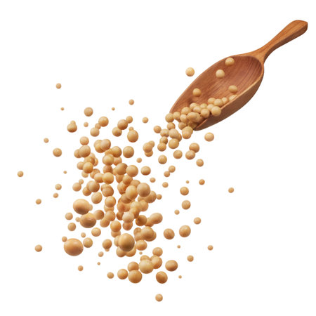 wooden spoon pouring soybeans isolated on whiteの写真素材