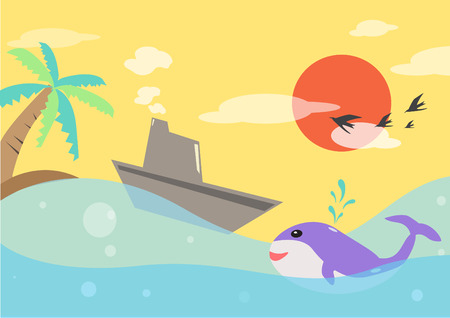 boat in sea at sunset のイラスト素材