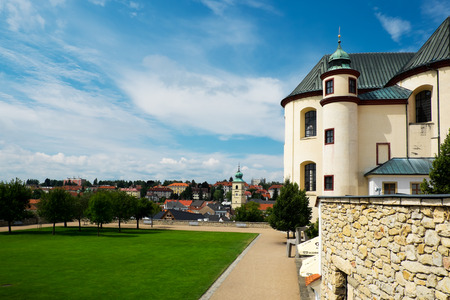 Litomysl, Czech Republic - July 25, 2014 - Temple of the Holy Cross Finding and monastery garden in Litomysl のeditorial素材