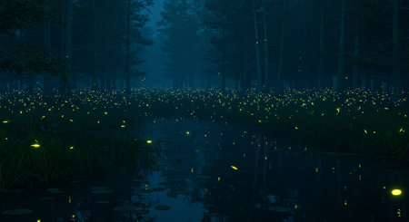 Foggy night in the swamp with water lilies. 3d renderの素材