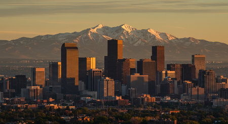 Denver downtown skyline at sunset with snow capped mountains in the background.の素材