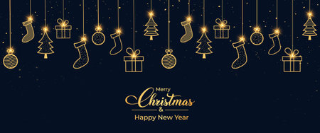 Christmas banner design with elegant background and Christmas ornaments. Christmas dark background. Xmas Glossy socks and ball icon with golden calligraphy. Golden confetti background element.のイラスト素材