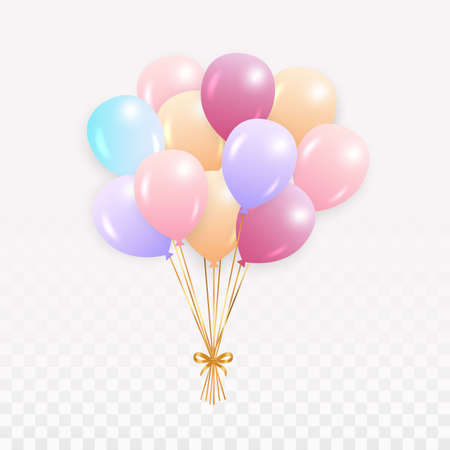 Cute colorful balloon collection. Multicolor balloon png. Birthday balloon design with golden ribbon. Blue, purple, red, yellow party balloon for birthdays, anniversaries, weddings, festivals, etc.のイラスト素材
