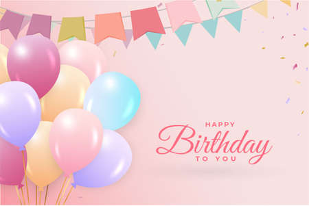 Flat balloons for birthday background. Happy birthday social media post with a lot of balloons and confetti. Happy birthday wish with pink calligraphy. Colorful confetti background, party elements.のイラスト素材
