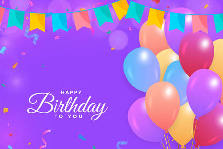 Happy birthday purple background with colorful confetti. Happy Birthday with colorful balloons. Birthday celebration banner, realistic balloons, colorful confetti, Birthday background.のイラスト素材