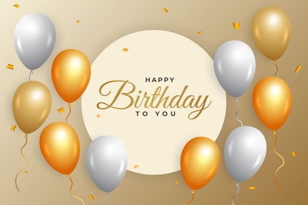 Happy birthday golden background with golden confetti. Happy Birthday with realistic balloons. Birthday celebration banner, realistic balloons, gold confetti, Birthday background.のイラスト素材