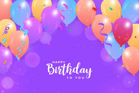 Happy birthday purple background with colorful balloons. Happy birthday banner with colorful confetti. Birthday celebration banner, realistic balloons, colorful party confetti, bokeh background.のイラスト素材