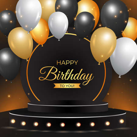 Happy birthday black background with realistic Podium. Happy birthday banner with realistic balloons. Birthday celebration banner, realistic balloons, 3D podium, birthday light effect background.のイラスト素材