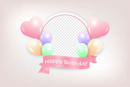 Happy birthday photo frame with balloons. Happy birthday photo frame with pink ribbon and typography. Beautiful birthday party card with pink, green, purple balloons. Digital party invitations.のイラスト素材