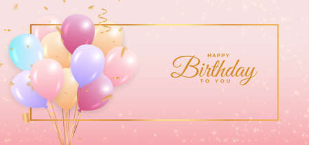 Birthday colorful balloon for background. Happy birthday social media banner with balloons and gold confetti. Happy birthday wish with calligraphy. Colorful confetti background, party elements.のイラスト素材